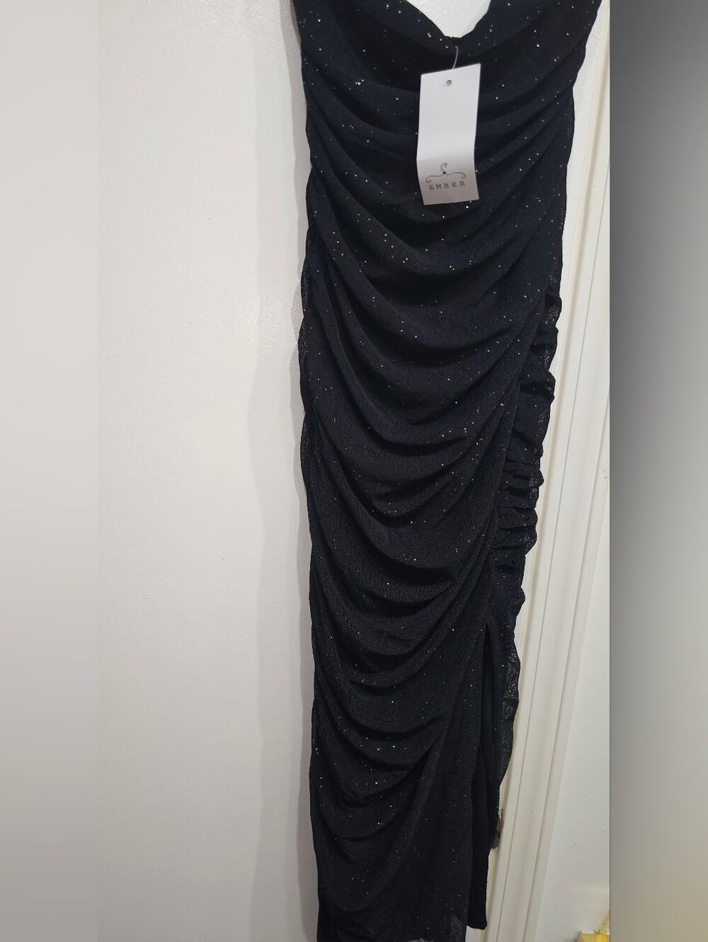 Ember Black Glitter Ruched Draped Maxi Dress Front Split NWT Size L